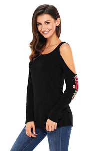 Sexy Rose Embroidered Long Sleeve Black Cold Shoulder Top