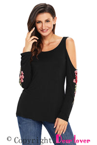 Sexy Rose Embroidered Long Sleeve Black Cold Shoulder Top