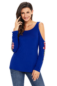 Sexy Rose Embroidered Long Sleeve Navy Cold Shoulder Top