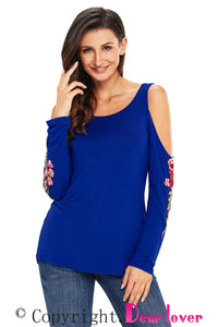 Sexy Rose Embroidered Long Sleeve Navy Cold Shoulder Top