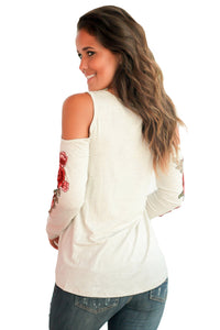 Sexy Rose Embroidered Long Sleeve White Cold Shoulder Top