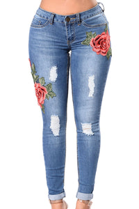 Sexy Rose Embroidered Whisker Detail Skinny Jeans