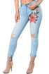 Sexy Rose Embroidery Distressed Light Blue Skinny Jeans