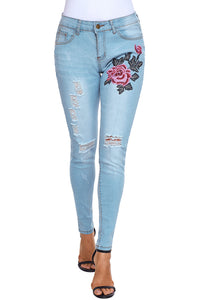 Sexy Rose Embroidery Distressed Light Blue Skinny Jeans
