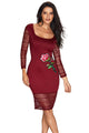 Sexy Rose Embroidery Wine Lace Mesh Bodycon Dress