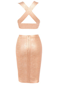 Sexy Rose Gold Metallic Bandage Skirt Set