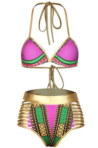 Sexy Rosy African Tribal Metallic Cutout High Waist Swimsuit