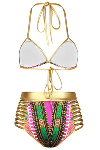 Sexy Rosy African Tribal Metallic Cutout High Waist Swimsuit