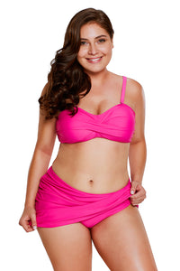 Sexy Rosy Bandeau Bikini 2pcs Skirtini Swimsuit