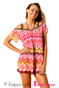 Sexy Rosy Bohemian Pattern Flutter Sleeves Beach Tunic