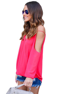 Sexy Rosy Cold Shoulder V Neck Wrap Front Breezy Blouse