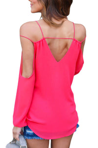 Sexy Rosy Cold Shoulder V Neck Wrap Front Breezy Blouse