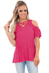 Sexy Rosy Crisscross Front Cold Shoulder Ruffle Sleeve Top
