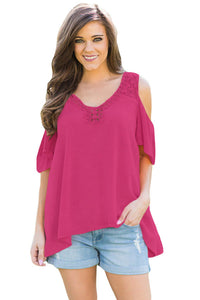 Sexy Rosy Crochet Neck and Back Cold Shoulder Top