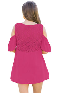 Sexy Rosy Crochet Neck and Back Cold Shoulder Top