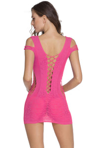 Sexy Rosy Crotchet Mesh Hollow-out Mini Chemise Dress