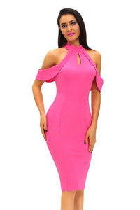 Sexy Rosy Cute Cold Shoulder Cutout Halter Midi Dress