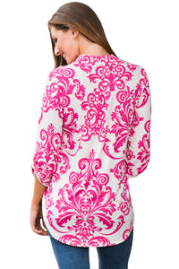Sexy Rosy Damask Print Slight Collar V Neck Blouse