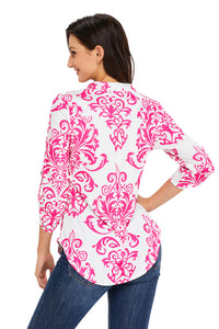 Sexy Rosy Damask Print Slight Collar V Neck Blouse