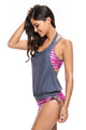 Sexy Rosy Grey Striped Bathing Suit with Halter Beach Cover Top