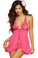 Sexy Rosy Lace Mesh Ruffle Fly-away Babydoll