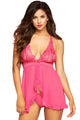 Sexy Rosy Lace Mesh Ruffle Fly-away Babydoll