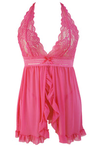 Sexy Rosy Lace Mesh Ruffle Fly-away Babydoll