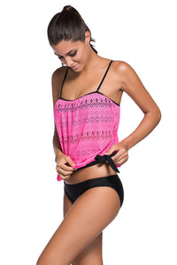 Sexy Rosy Lace Overly 2pcs Bandeau Tankini Swimsuit