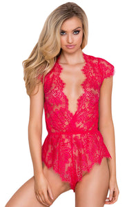 Sexy Rosy Plunging Eyelash Lace Teddy Lingerie
