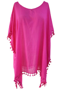 Sexy Rosy Pom Pom Tassel Hem Gauze Cover up