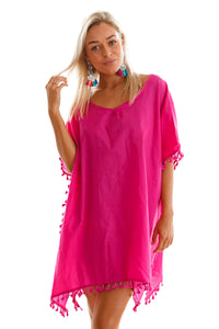 Sexy Rosy Pom Pom Tassel Hem Gauze Cover up