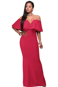 Sexy Rosy Ruffle Off Shoulder Maxi Party Dress
