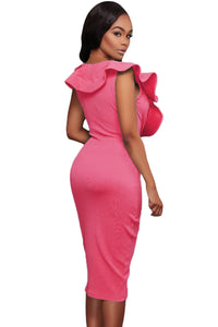 Sexy Rosy Ruffle V Neck Bodycon Midi Dress
