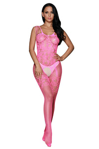 Sexy Rosy Strappy Shoulders Floral Motif Mesh Body Stockings