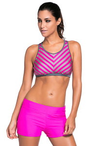 Sexy Rosy Stripe Patten Sport Bra Swim Trunk 2pcs Swimsuit