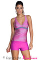 Sexy Rosy Striped Racerback Tankini and Swim Shorts