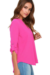 Sexy Rosy V Neck Loose Fitting Chiffon Blouse