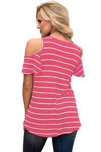 Sexy Rosy White Stripe Cold Shoulder Top