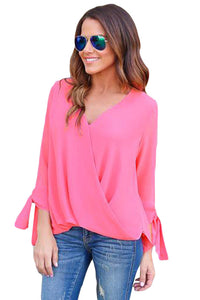 Sexy Rosy Womens V Neck Ruched Tie Sleeve Top
