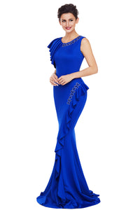 Sexy Royal Blue Asymmetric Pleats Detail Elegant Long Party Dress