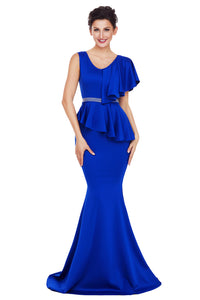 Sexy Royal Blue Asymmetric Ruffle Peplum Mermaid Party Dress