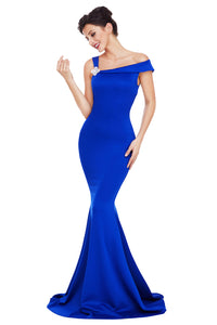 Sexy Royal Blue Asymmetric Shoulder Design Mermaid Gown