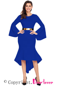 Sexy Royal Blue Bell Sleeve Dip Hem Belted Dress