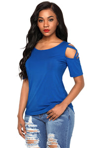 Sexy Royal Blue Crisscross Cold Shoulder Short Sleeve Shirt