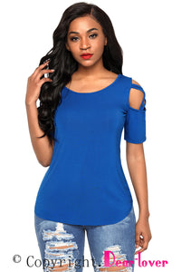 Sexy Royal Blue Crisscross Cold Shoulder Short Sleeve Shirt