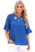 Sexy Royal Blue Crisscross Neck Lace Insert Bell Sleeve Top