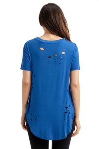 Sexy Royal Blue Crisscross Neckline Distressed Cotton T-shirt