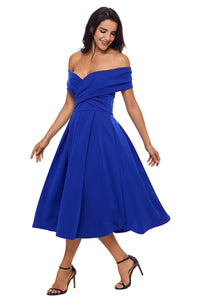 Sexy Royal Blue Crossed Off Shoulder Fit-and-flare Prom Dress