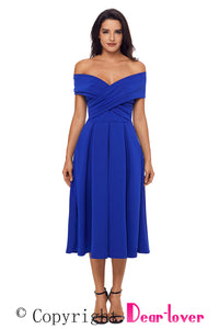 Sexy Royal Blue Crossed Off Shoulder Fit-and-flare Prom Dress