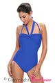 Sexy Royal Blue Double Halterneck Ruched One Piece Swimsuit